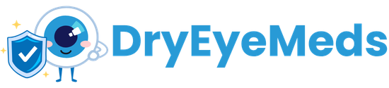 DryEyeMeds logo featuring a friendly eyeball mascot holding a checkmark shield